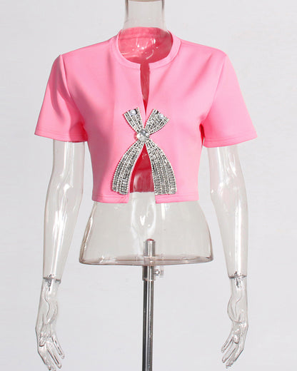 Hot Pink Rhinestone Bow Cropped Top