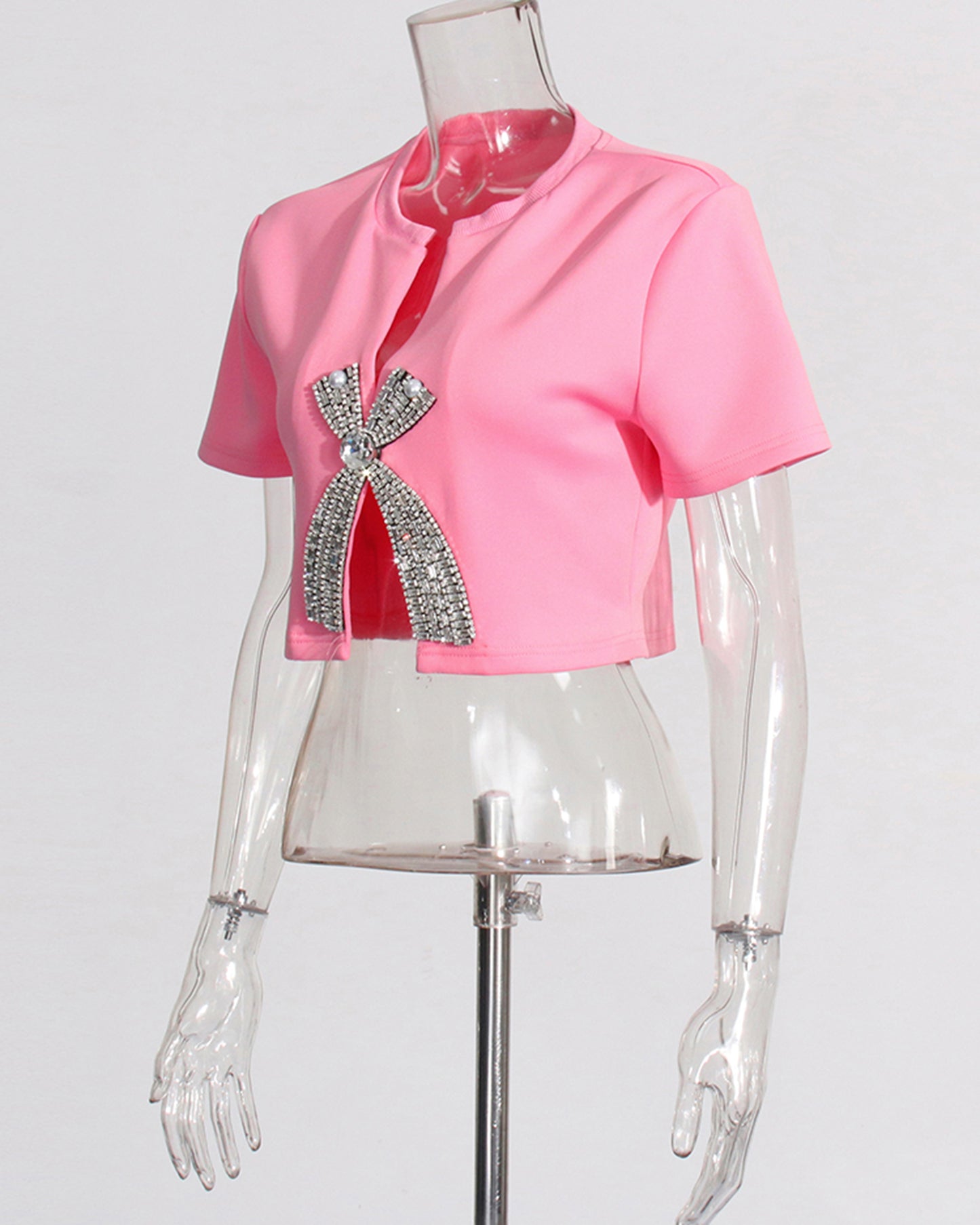 Hot Pink Rhinestone Bow Cropped Top