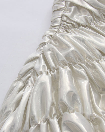 Silver Ruched Asymmetric Ruffle Mini Dress