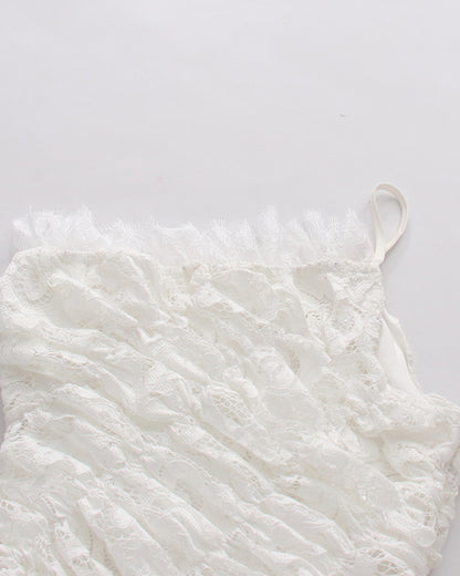 White Lace Ruched Strapless Maxi Dress