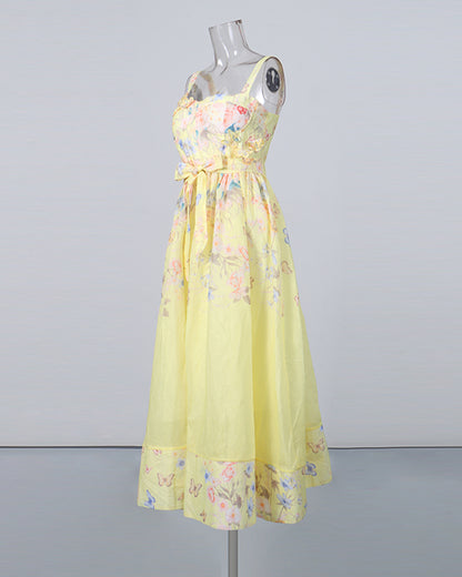 Yellow Floral 3D Appliqué Corset Maxi Dress