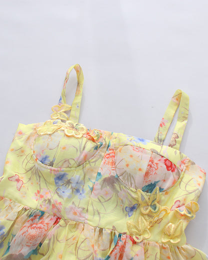 Yellow Floral 3D Appliqué Corset Maxi Dress