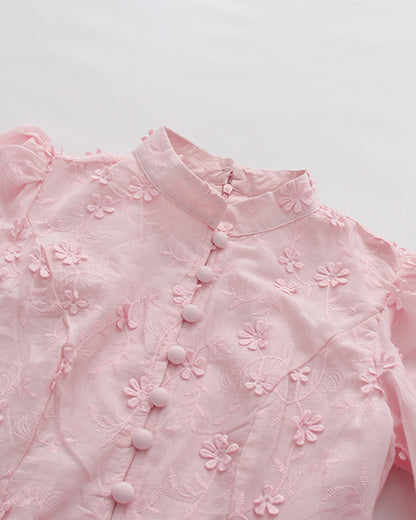 Pink 3D Floral Puff Sleeve Maxi Dress