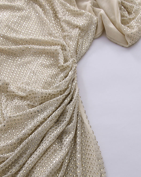 Apricot Rhinestone Ruched Mermaid Maxi Dress