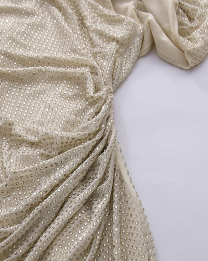 Apricot Rhinestone Ruched Mermaid Maxi Dress