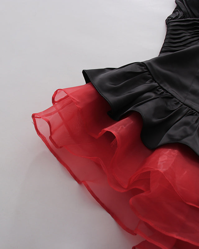 Red Halter Deep V Ruffled Mini Dress