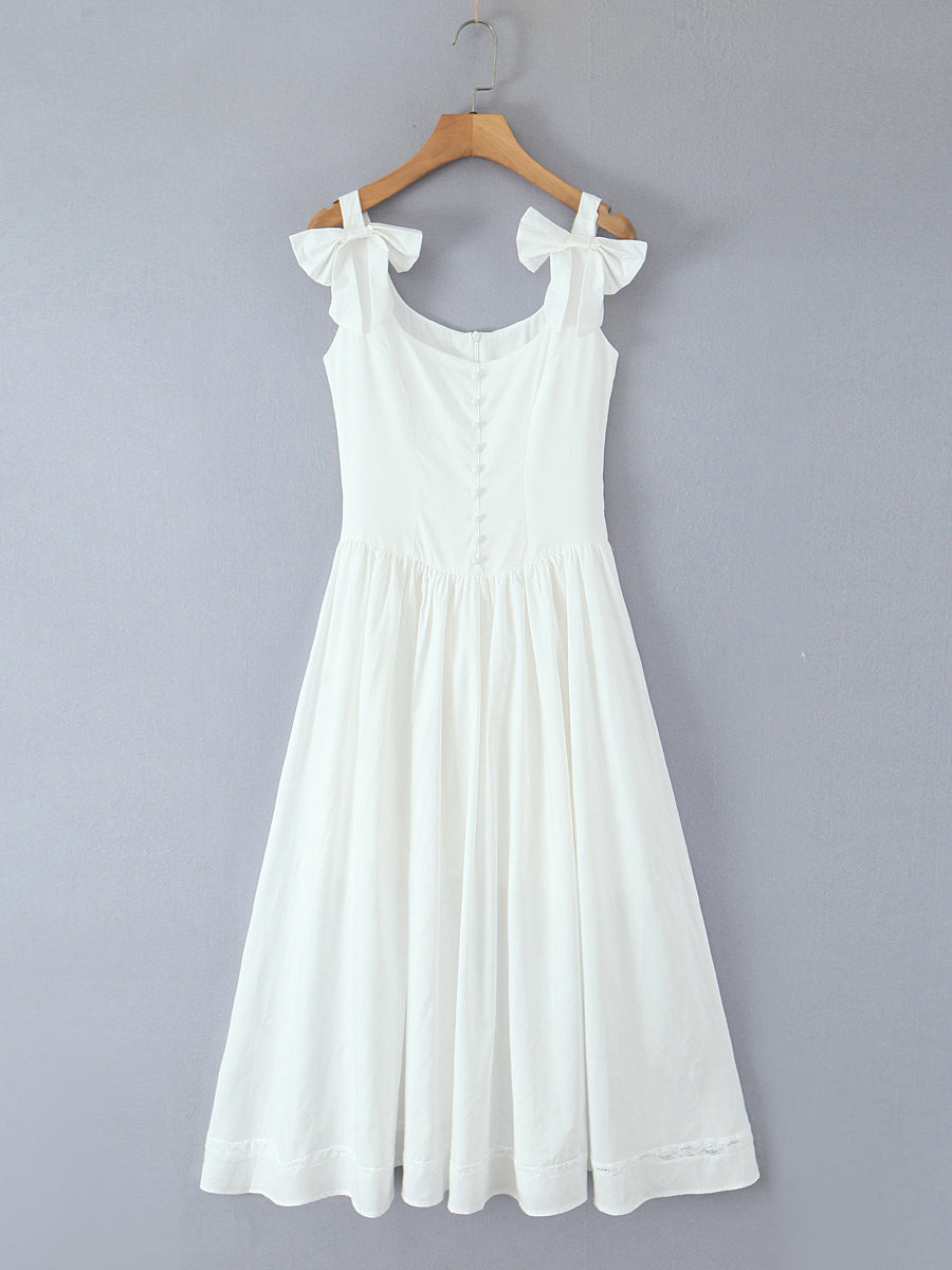 Square Collar Patchwork Bowknot Midi Dress