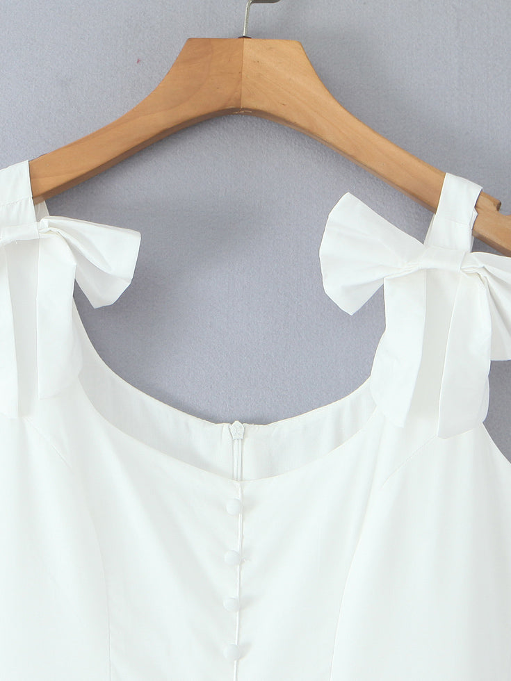 Square Collar Patchwork Bowknot Midi Dress