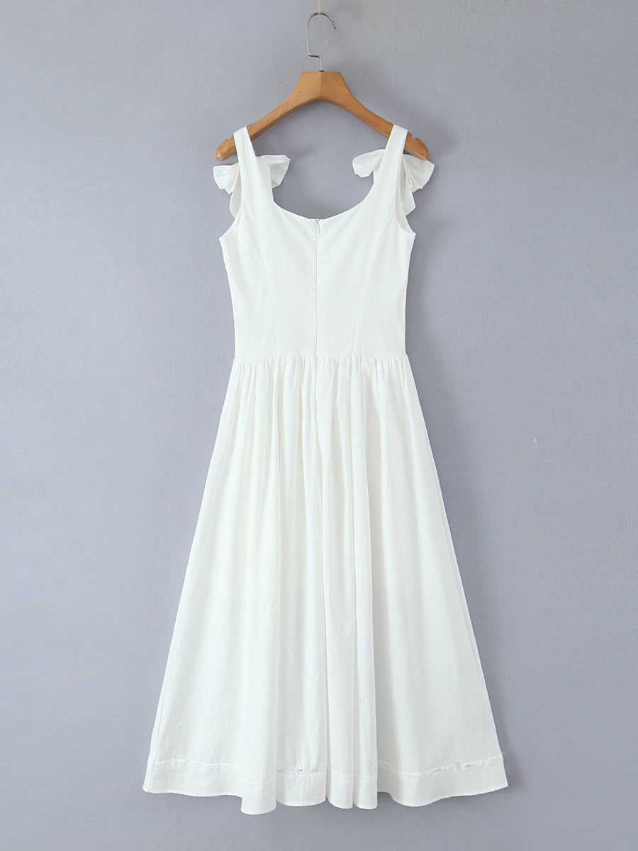 Square Collar Patchwork Bowknot Midi Dress
