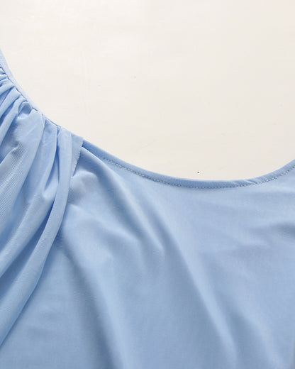 Babyblue One Shoulder Draped Mesh Floor Maxi Dress