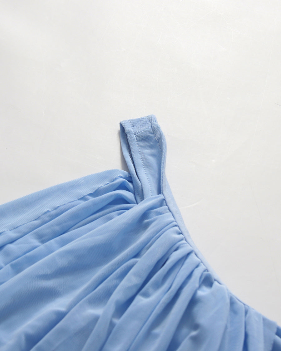 Babyblue One Shoulder Draped Mesh Floor Maxi Dress