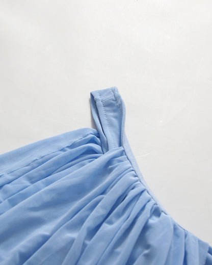 Babyblue One Shoulder Draped Mesh Floor Maxi Dress