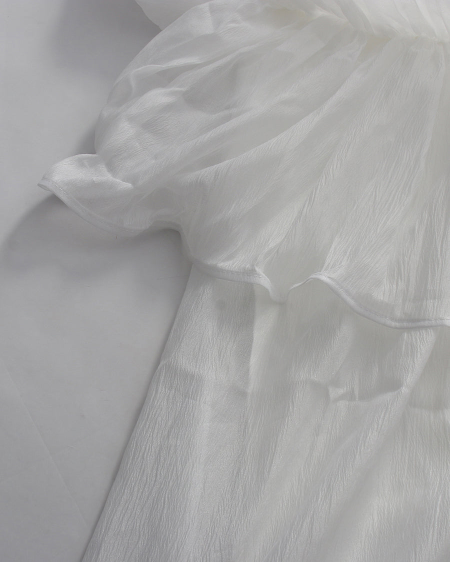 White Lace Up Ruffled Sheer Long Dress