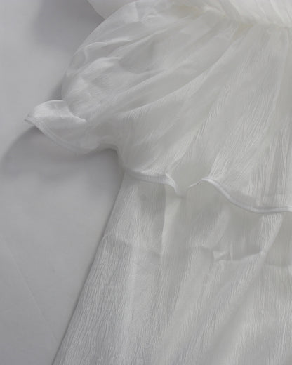 White Lace Up Ruffled Sheer Long Dress