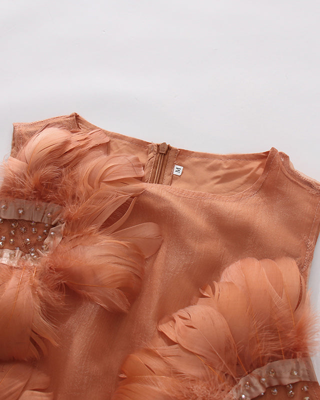Orange Feather & Rhinestone Bubble Mini Dress