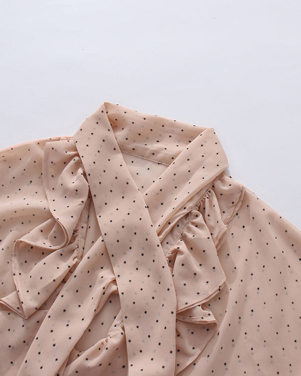 Pink Polka Dot Ruffle Neck Blouse
