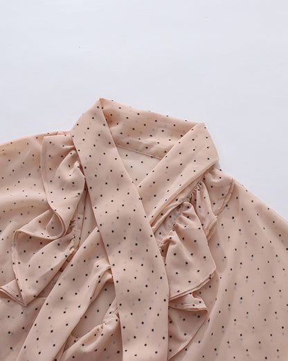 Pink Polka Dot Ruffle Neck Blouse
