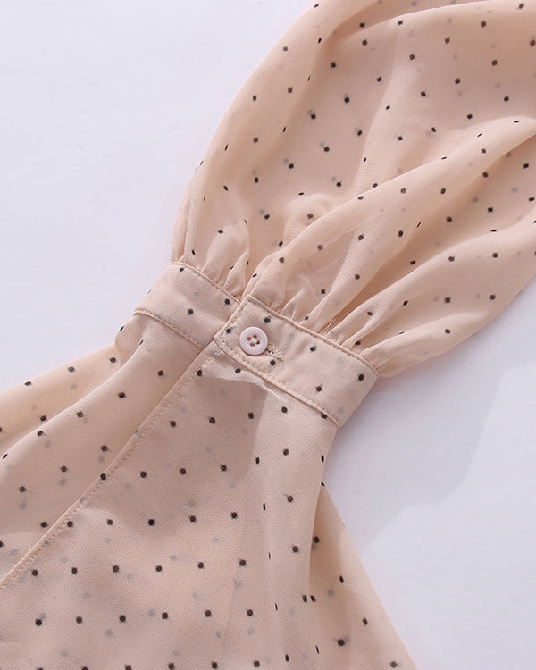 Pink Polka Dot Ruffle Neck Blouse