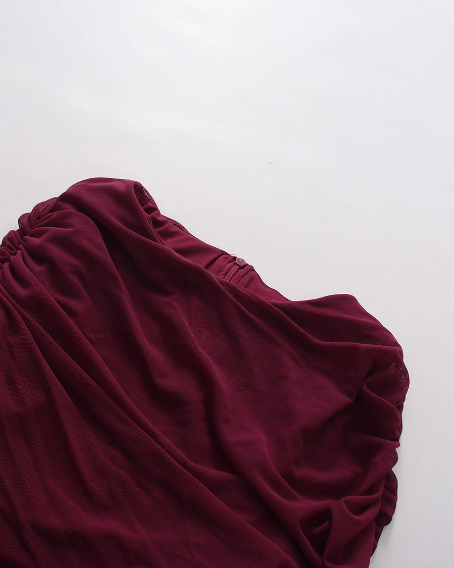 Wine Red Ruched Waist Draped Maxi Dress