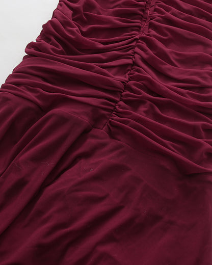 Wine Red Ruched Waist Draped Maxi Dress
