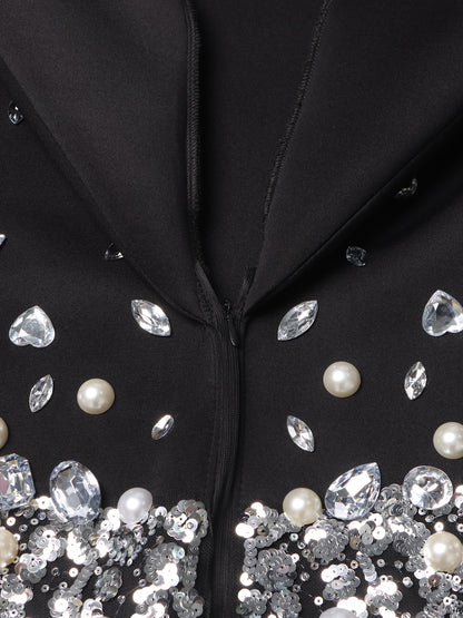Glamorous Black Blazer - Style Dress with Crystal and Pearl Embellishments