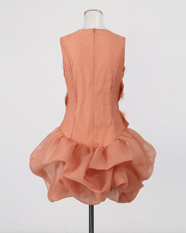 Orange Feather & Rhinestone Bubble Mini Dress