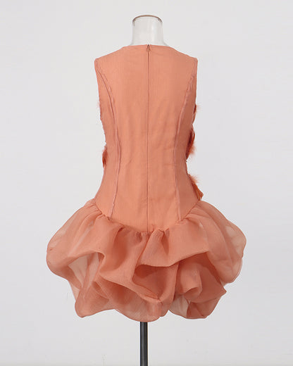 Orange Feather & Rhinestone Bubble Mini Dress