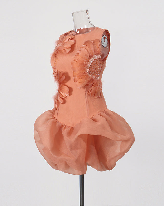 Orange Feather & Rhinestone Bubble Mini Dress