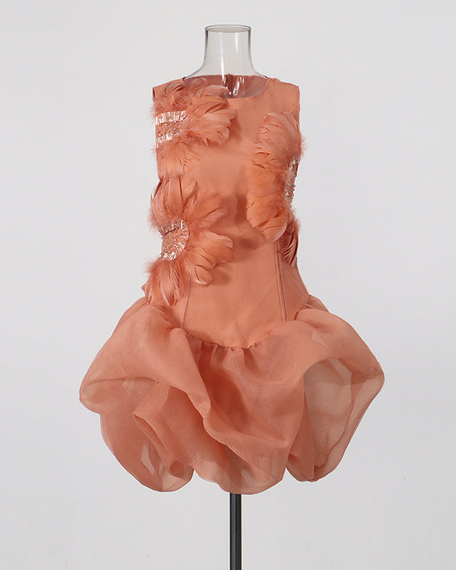 Orange Feather & Rhinestone Bubble Mini Dress