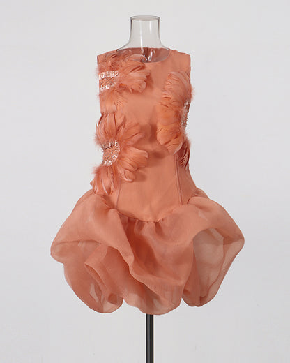 Orange Feather & Rhinestone Bubble Mini Dress