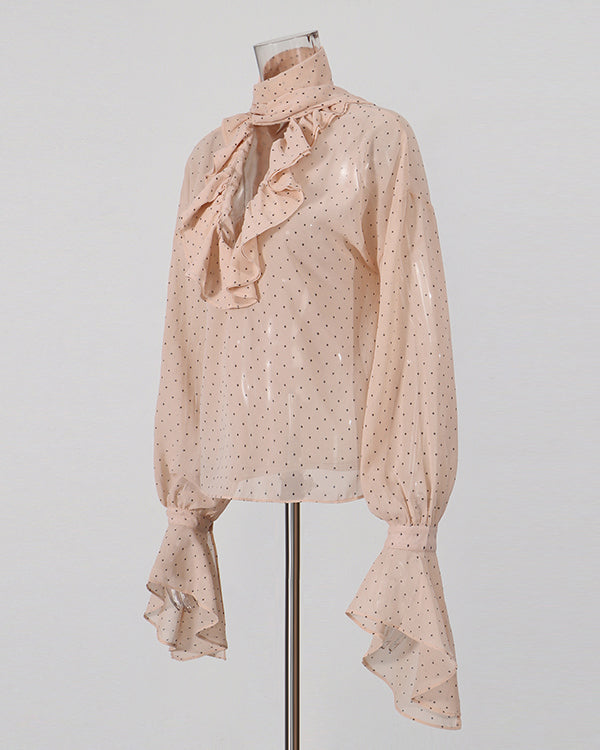 Pink Polka Dot Ruffle Neck Blouse