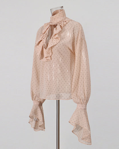 Pink Polka Dot Ruffle Neck Blouse