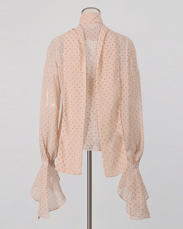 Pink Polka Dot Ruffle Neck Blouse