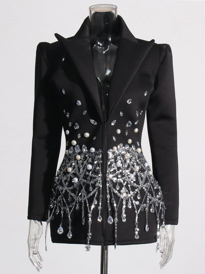 Glamorous Black Blazer - Style Dress with Crystal and Pearl Embellishments