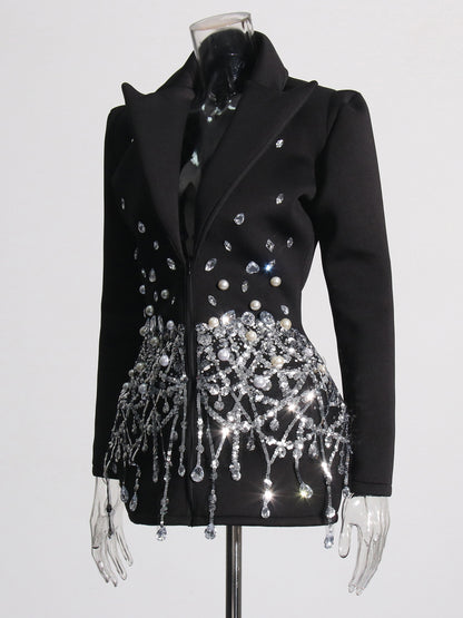 Glamorous Black Blazer - Style Dress with Crystal and Pearl Embellishments
