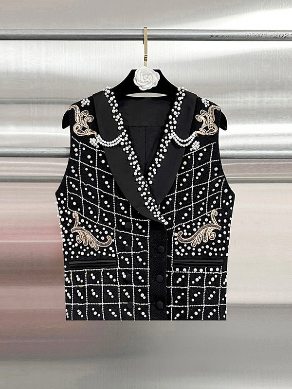 Solid Patchwork Pearls V-neck Vest