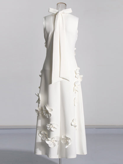 Elegant White Maxi Dress with 3D Floral Appliqués