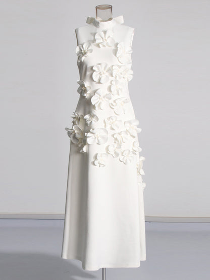 Elegant White Maxi Dress with 3D Floral Appliqués