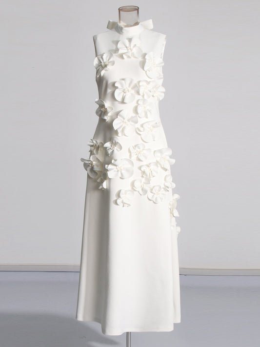Elegant White Maxi Dress with 3D Floral Appliqués