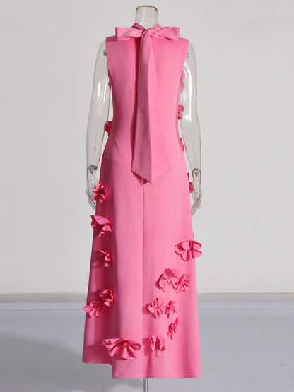 Glamorous Pink Maxi Dress with 3D Floral Appliqués