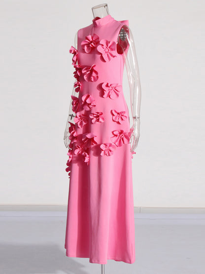 Glamorous Pink Maxi Dress with 3D Floral Appliqués