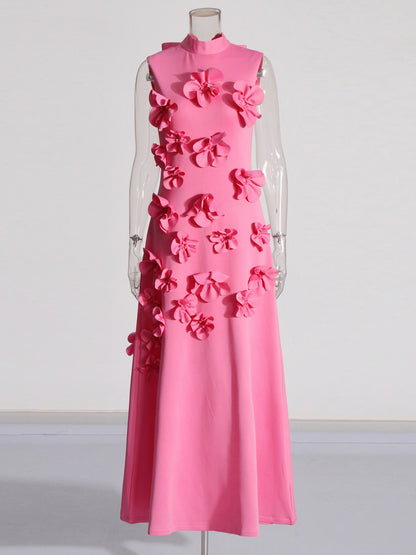 Glamorous Pink Maxi Dress with 3D Floral Appliqués