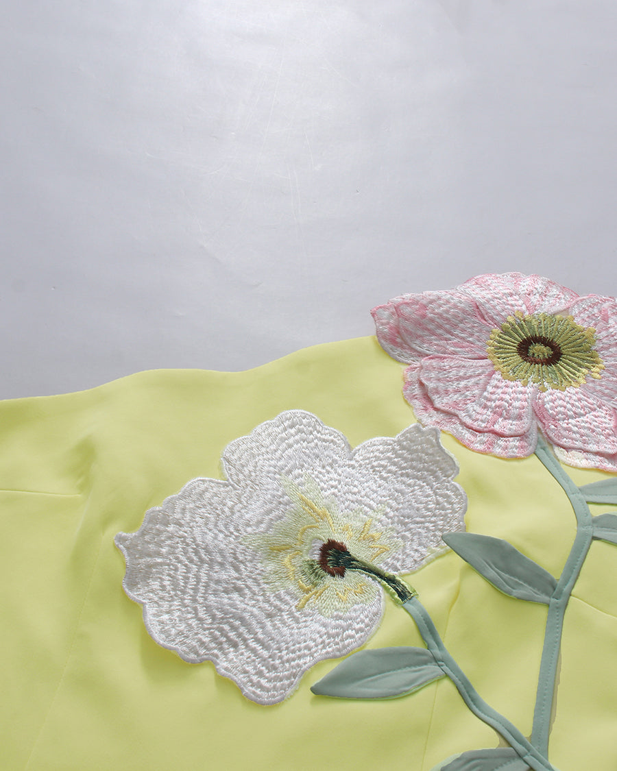 Yellow One-Shoulder Floral Appliqué Mini Dress