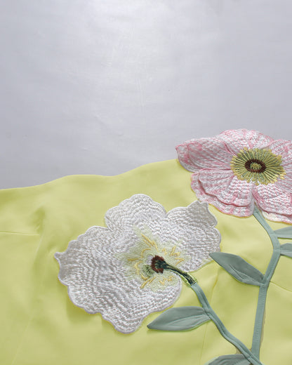 Yellow One-Shoulder Floral Appliqué Mini Dress