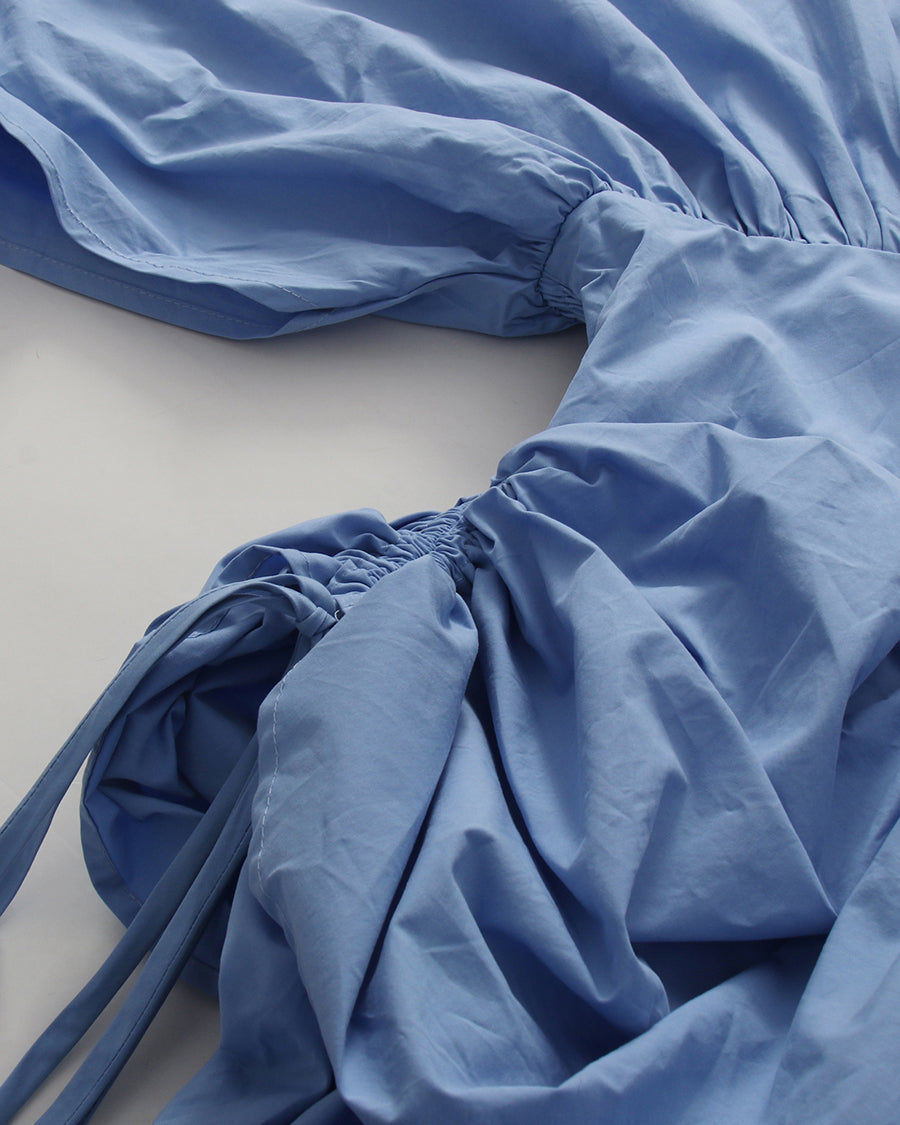 Blue Drawstring Ruched Midi Dress