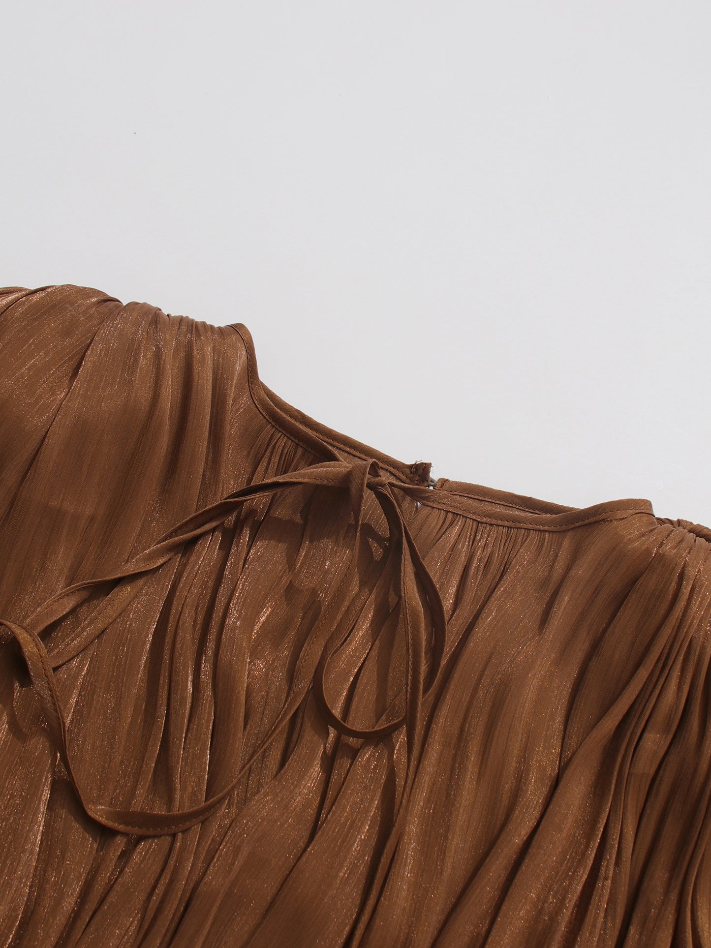 Bohemian Brown Pleated Maxi Dress with Tie Neck and Sash.