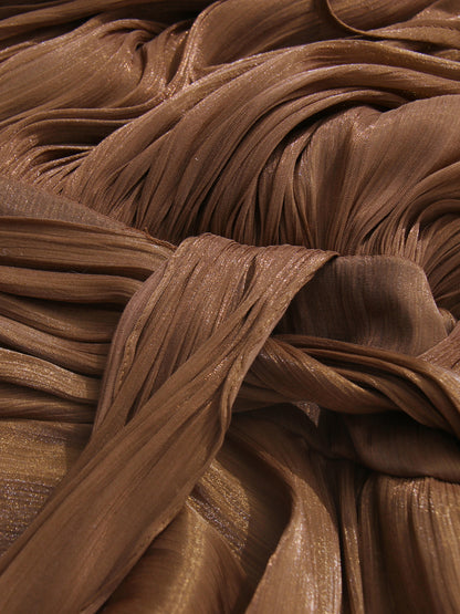 Bohemian Brown Pleated Maxi Dress with Tie Neck and Sash.