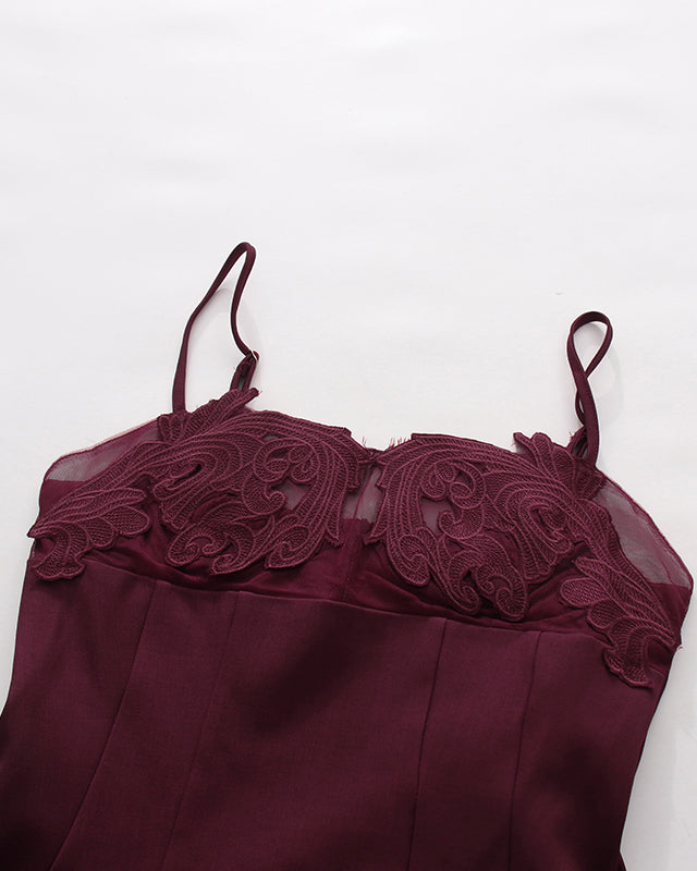 Wine Red Lace Applique Spaghetti Strap Midi Dress