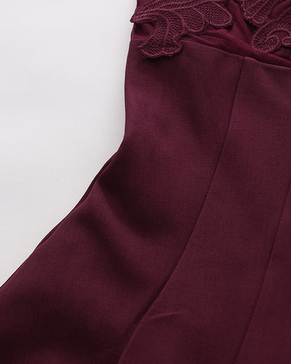 Wine Red Lace Applique Spaghetti Strap Midi Dress