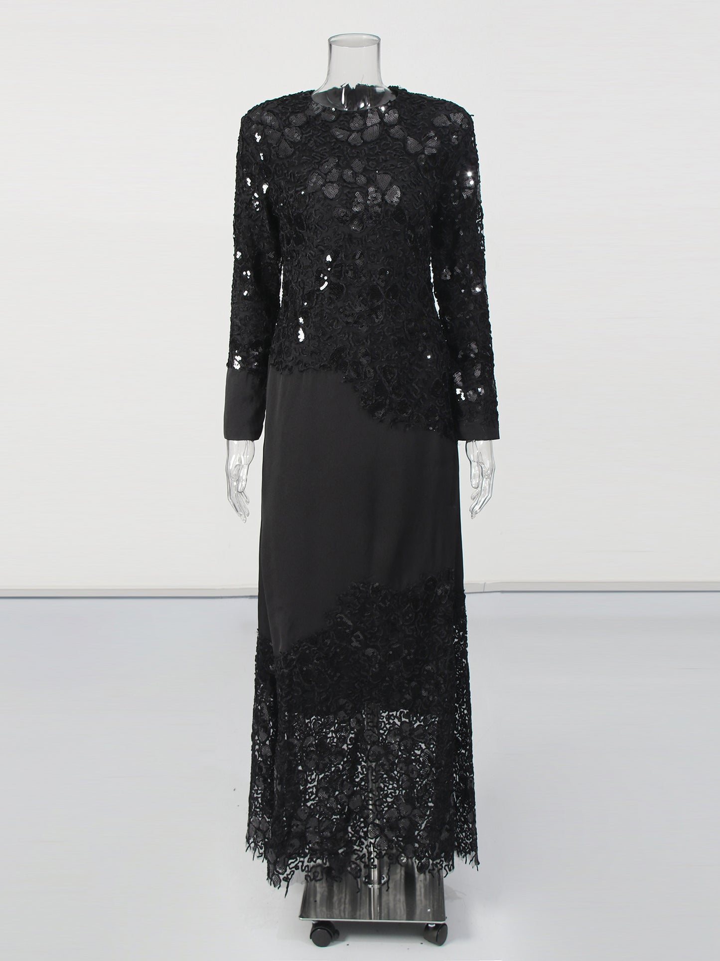 Glamorous Black Lace Embellished Long - Sleeve Maxi Dress